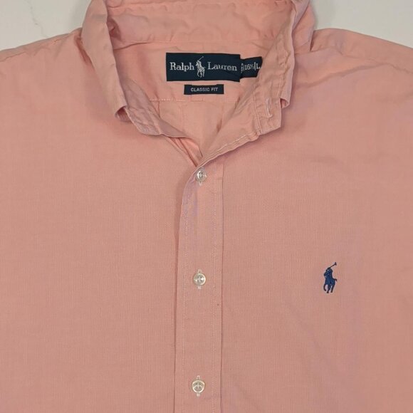 Ralph Lauren Sz 16.5 L Button Down Shirt Men Short Sleeve Pink Salmon Polo Golf - Picture 4 of 10